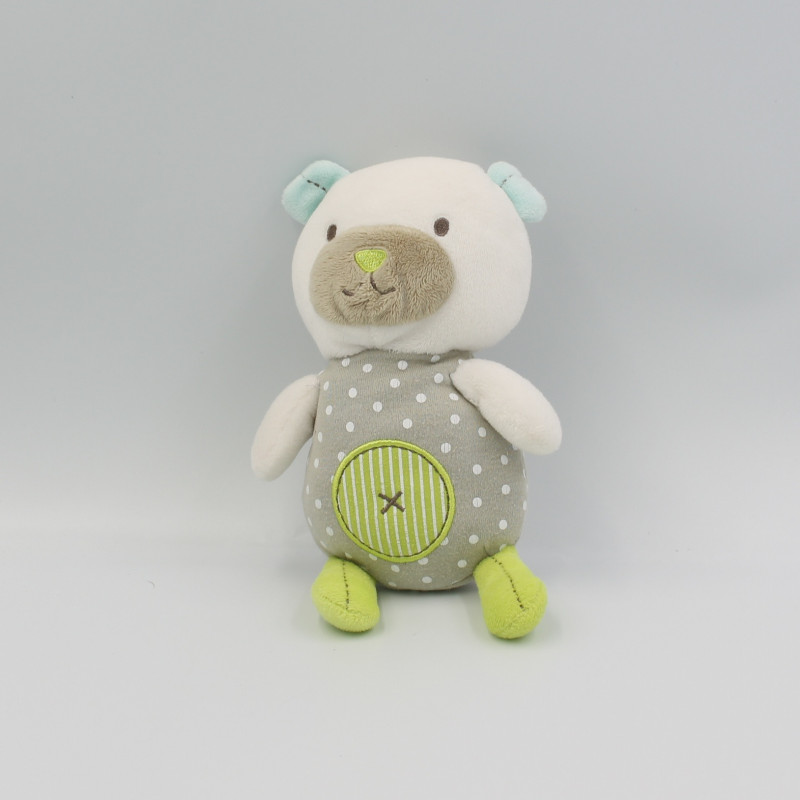 Doudou ours blanc gris vert bleu pois POMMETTE