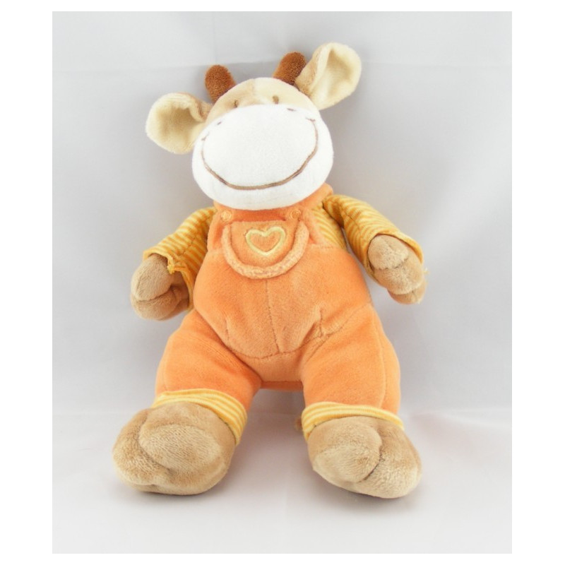 Doudou vache salopette orange coeur maillot rayé MOTS D'ENFANTS