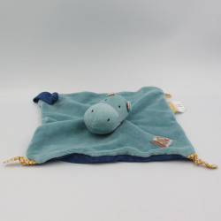 Doudou plat carré hippopotame bleu Les Papoum MOULIN ROTY