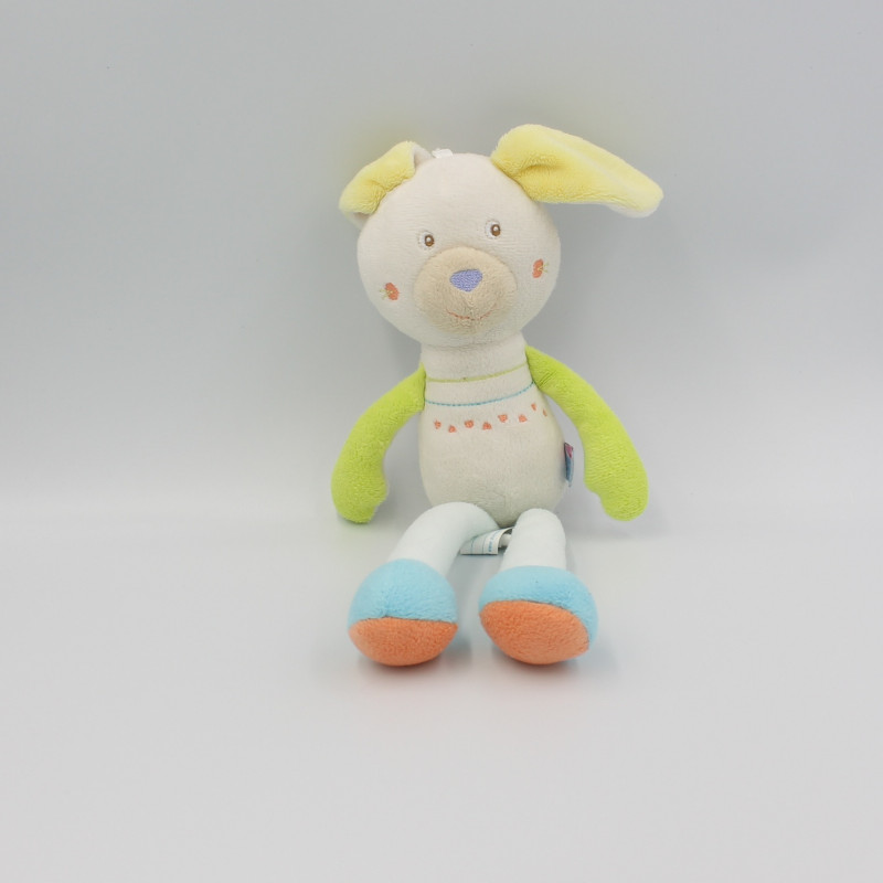 Doudou lapin blanc bleu jaune vert SUCRE D'ORGE