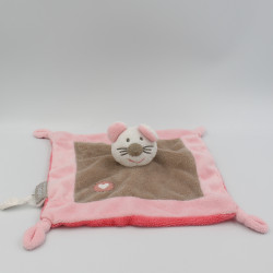Doudou plat souris beige rose blanc coeur BEBE9