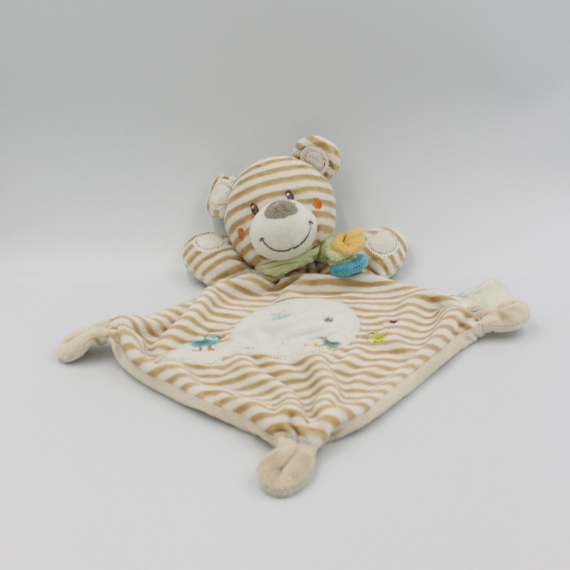 Doudou plat ours rayé beige oiseaux NICOTOY LOT DE 2