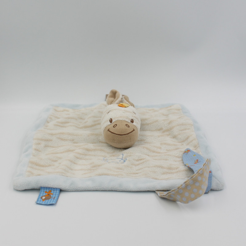 Doudou plat zèbre blanc bleu rayé beige Arthur et Louis NATTOU