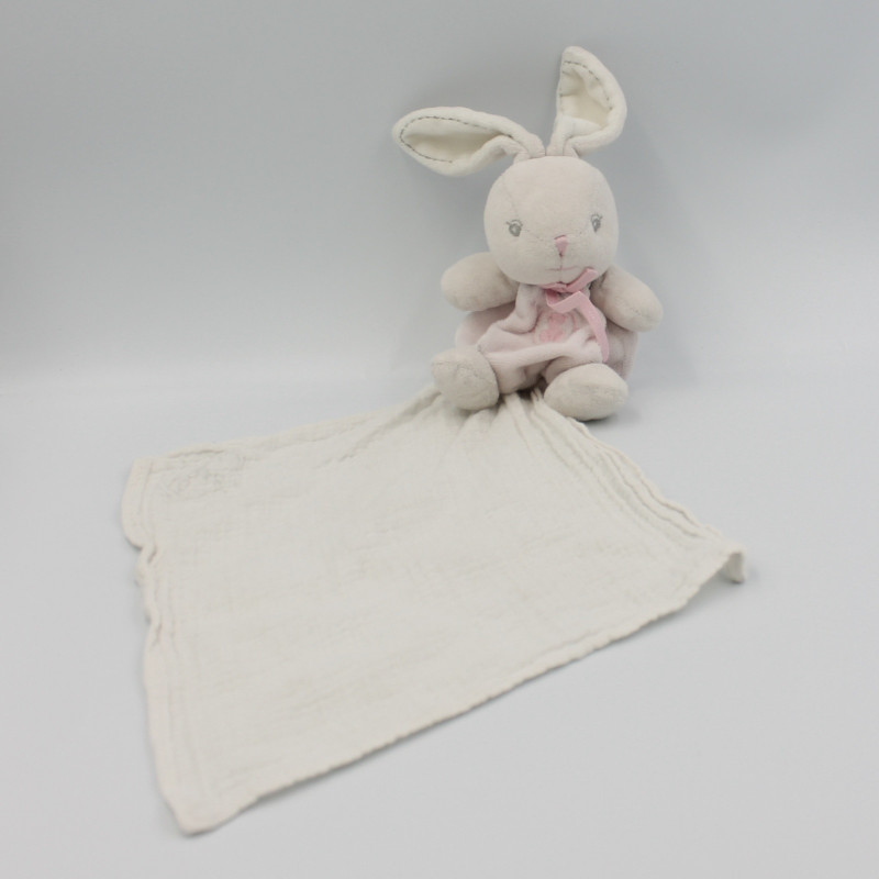 Doudou lapin rose blanc mouchoir lange PERLE KALOO