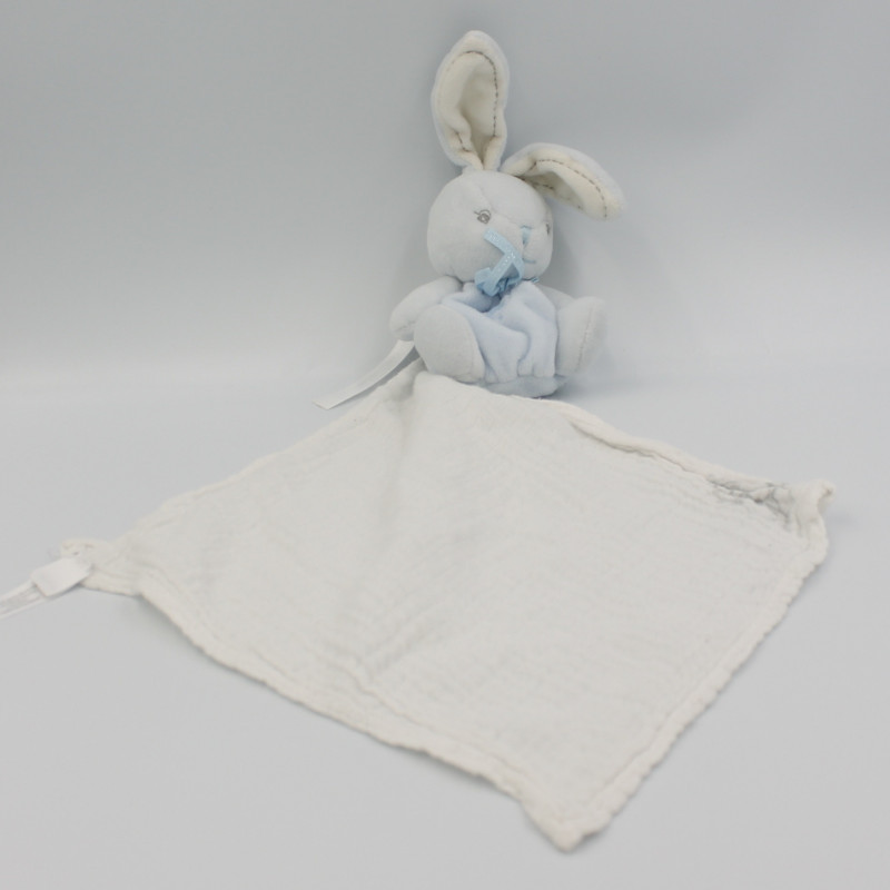 Doudou lapin bleu blanc mouchoir lange PERLE KALOO