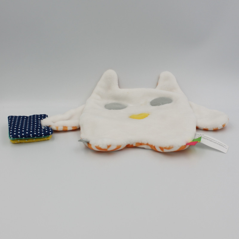 Doudou plat chouette hibou blanc gris jaune orange rayé OXYBUL