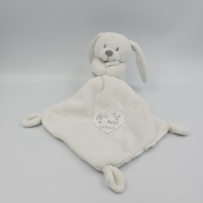 Doudou lapin blanc pois gris mouchoir Mon petit coeur POMMETTE