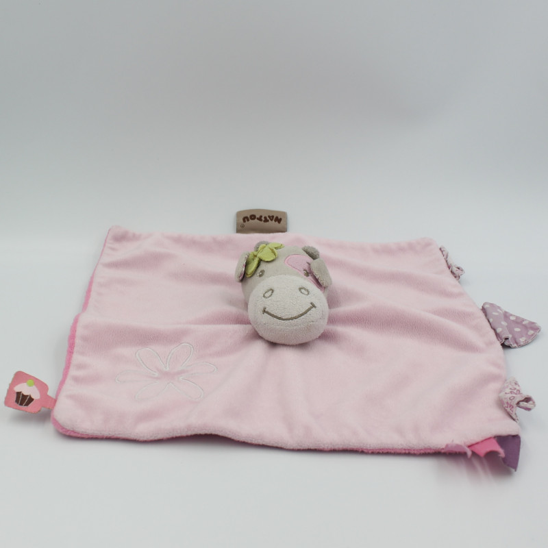 Doudou plat vache grise rose Alizée Nattou