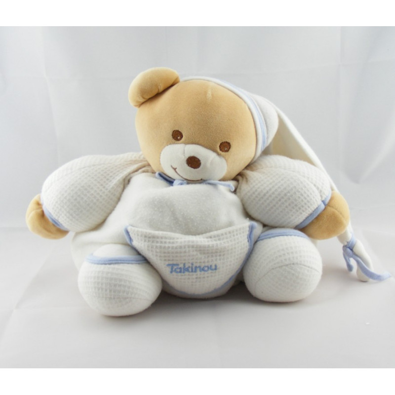 Doudou ours boule blanc rayé bleu poche coeur TAKINOU