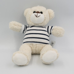 Doudou peluche ours blanc rayé bleu marin DINAN NEMERY