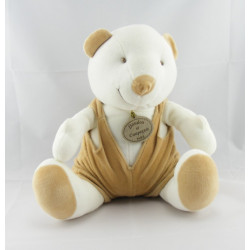 Doudou ours beige salopette blanche DOUDOU ET COMPAGNIE