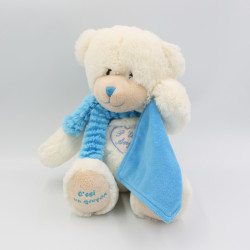 Doudou peluche ours blanc bleu mouchoir C'est un garçon