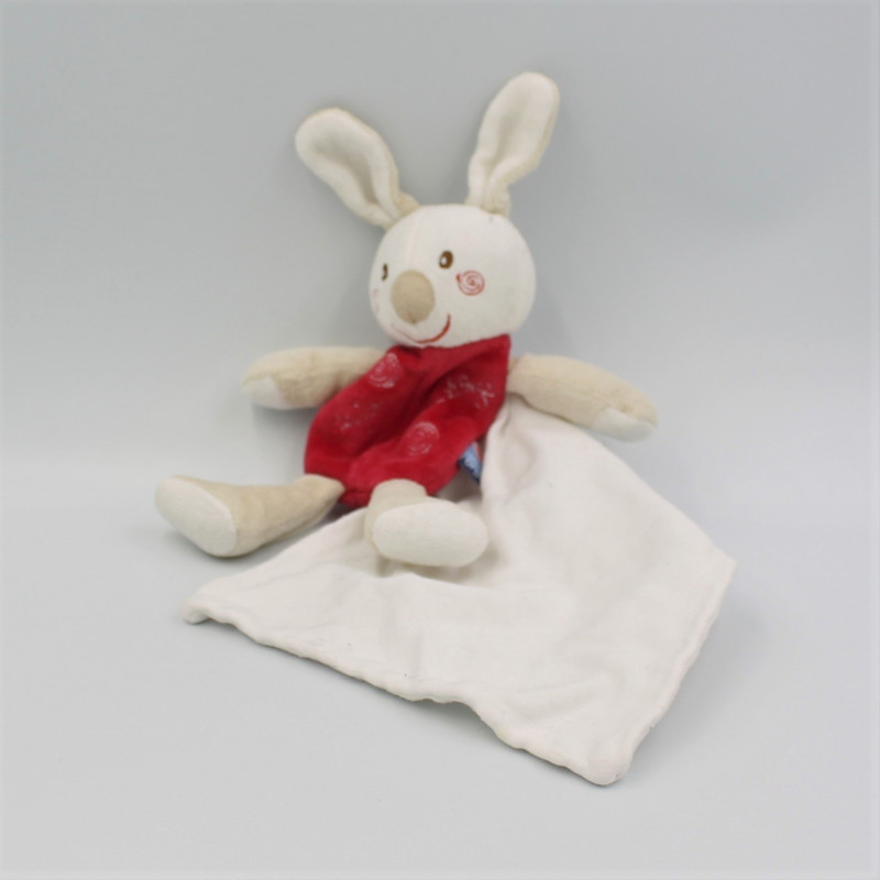Doudou lapin beige rouge blanc mouchoir Cajou SUCRE D'ORGE