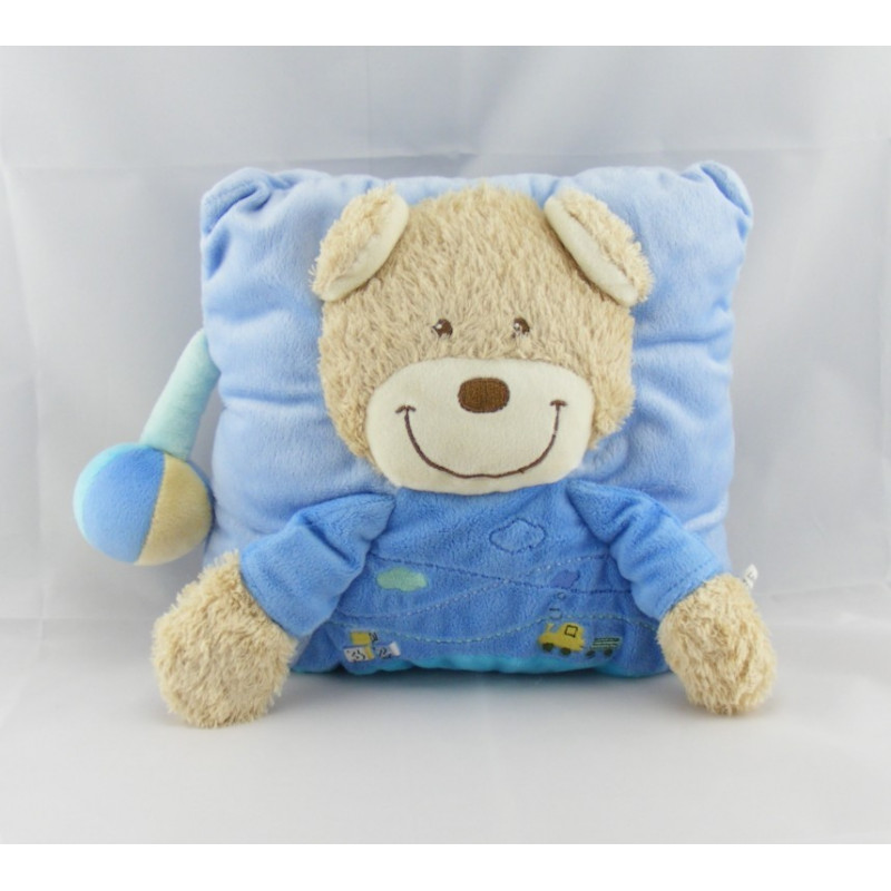 Doudou plat bleu ours avec train brodé TEX