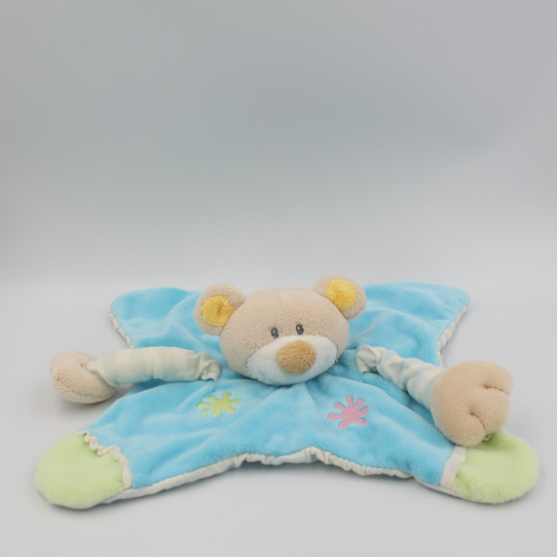 Doudou plat ours bleu vert rayures NATTOU