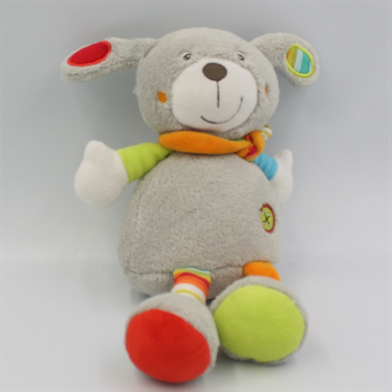 Doudou chien gris rouge vert orange bleu TIGEX