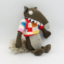 Doudou loup marron gris pull à carreaux AUZOU