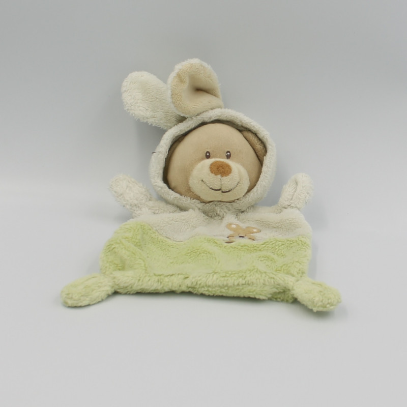 Doudou plat ours déguisé en lapin vert blanc GRAIN DE BLE