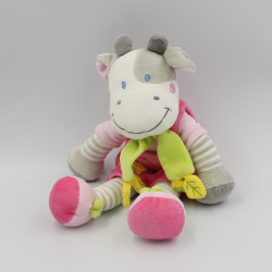 Doudou vache robe rose gris rayé foulard vert poussin NICOTOY