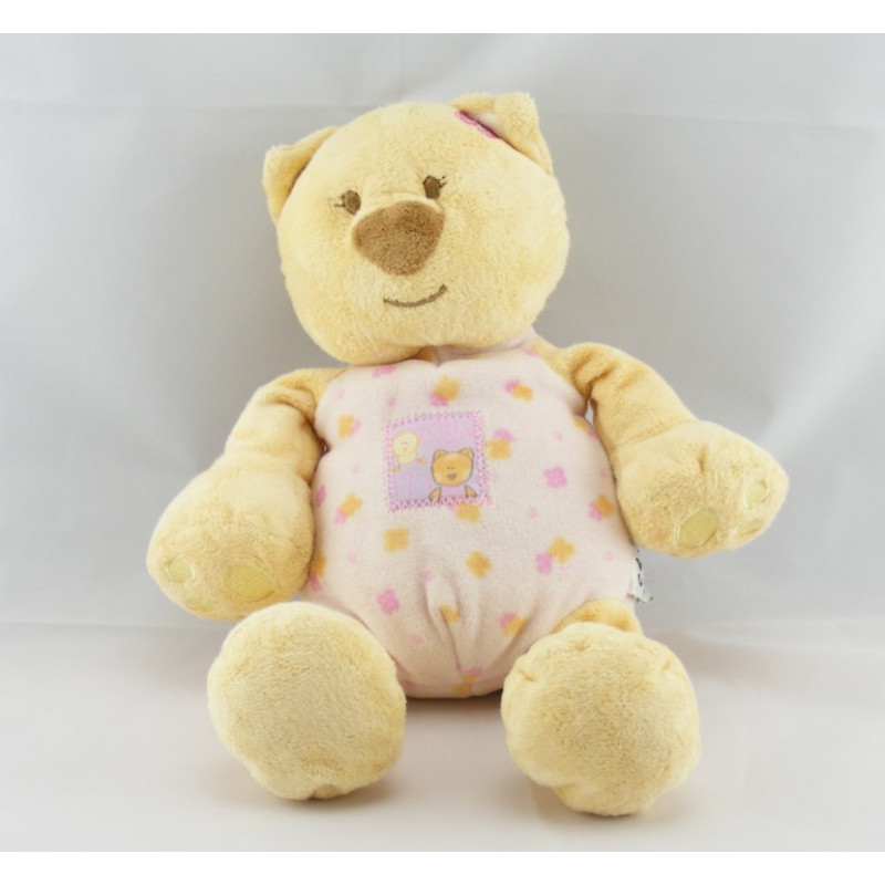 Doudou chat ours jaune rose fleurs AMTOYS BENGY