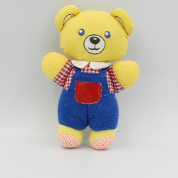 Ancienne peluche ours jaune rouge bleu salopette