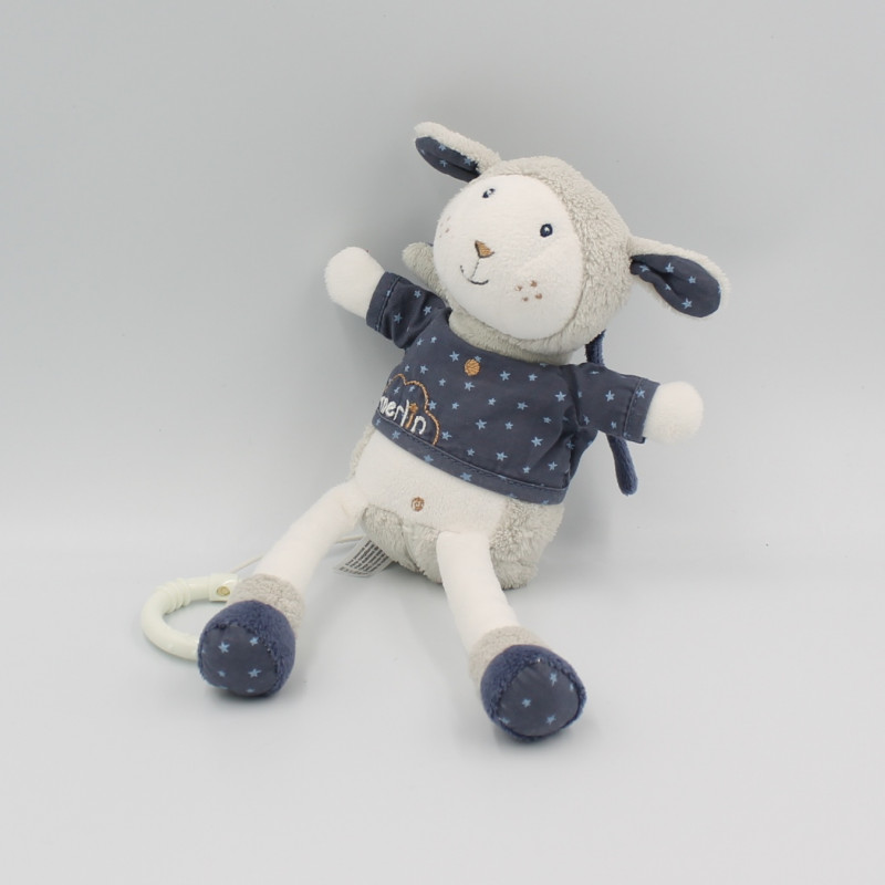 Doudou musical mouton bleu gris blanc étoiles Merlin SAUTHON