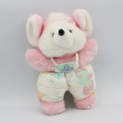 Ancien Doudou peluche souris rose salopette imprimée NOUNOURS