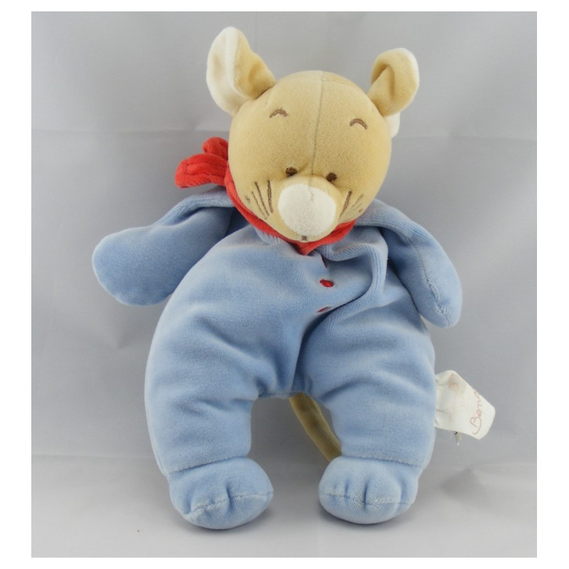 Doudou souris bleu col rouge BENGY