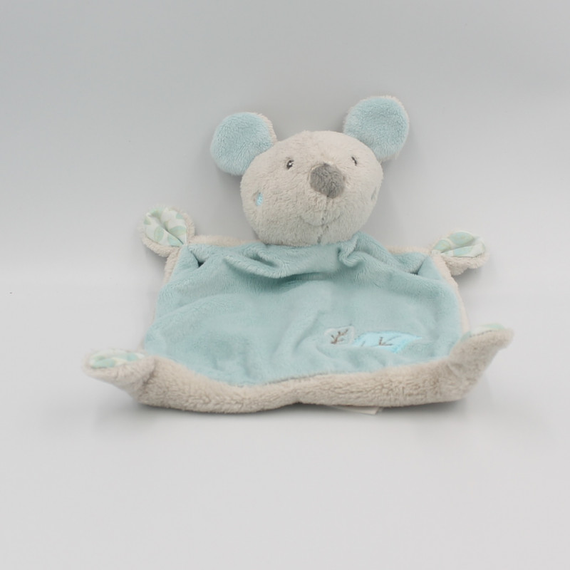 Doudou plat souris gris bleu feuilles PUSBLU