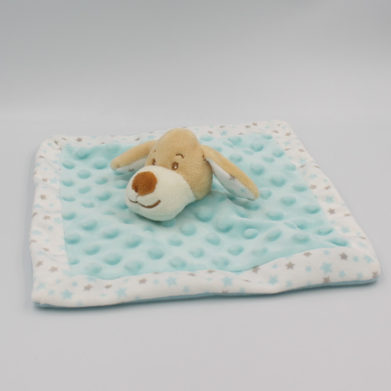 Doudou plat carré chien bleu blanc beige étoiles TOM & KIDDY TOMKIDS