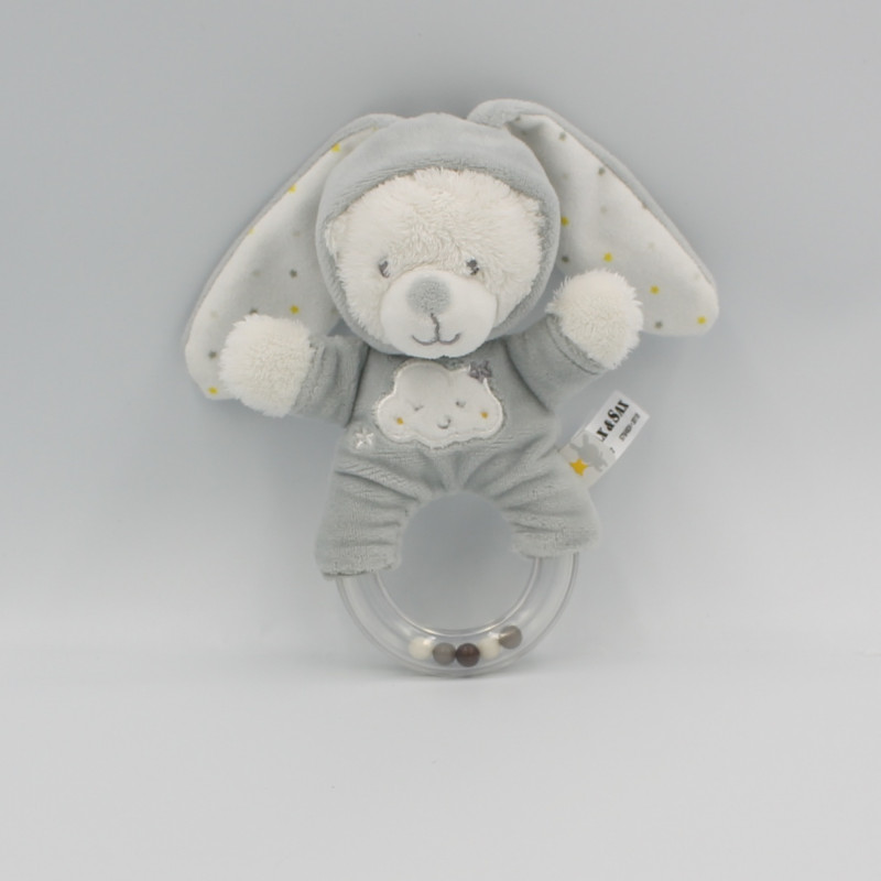 Doudou hochet ours lapin gris blanc nuage MAX & SAX