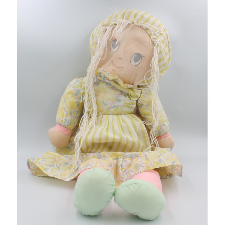 Ancienne poupée chiffon musicale robe beige fleurs avec oie DOLMAX