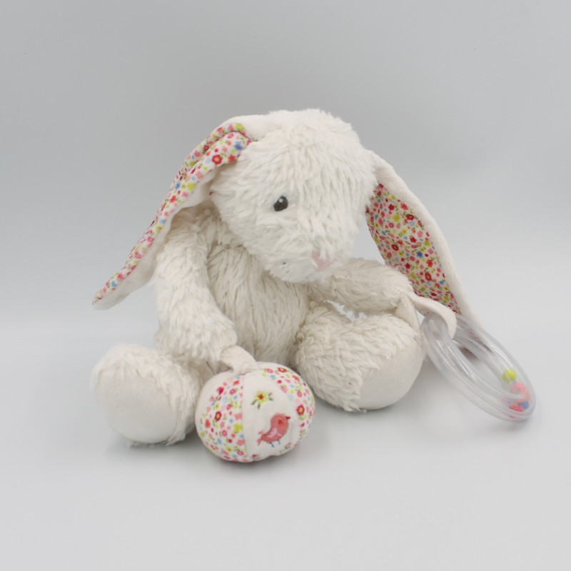 Doudou lapin blanc rose fleurs balle hochet POMMETTE