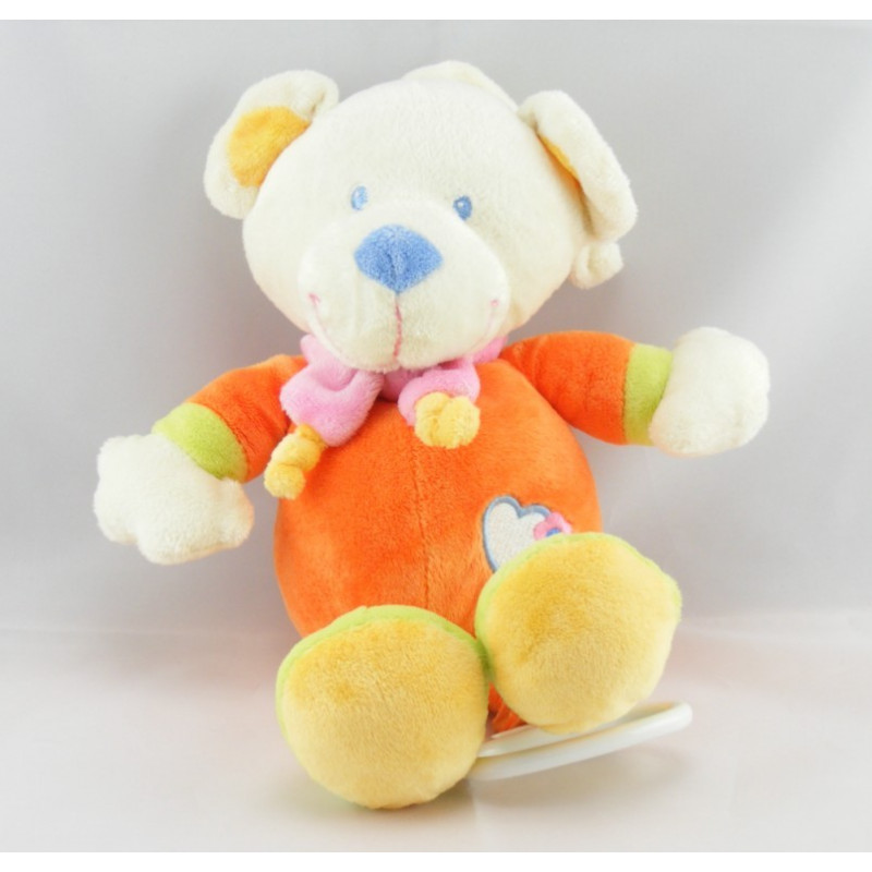 Doudou Plat rond ours orange coeur bleu NICOTOY