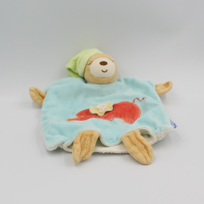 Doudou plat ours bleu vert éléphant brodé KALOO