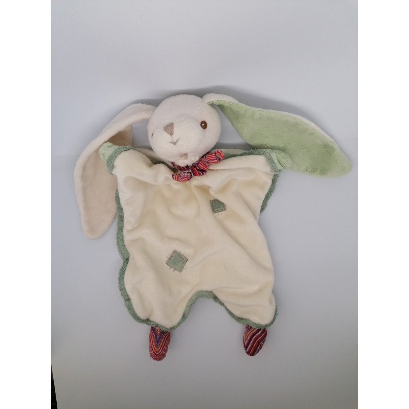 Doudou plat lapin blanc vert violet rose rouge rayé BUKOWSKI