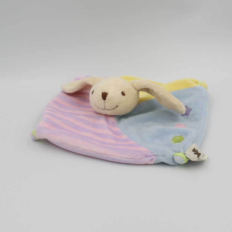 Doudou plat lapin rose bleu jaune rayé formes CMP