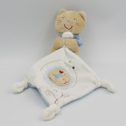 Doudou chat beige marron bleu mouchoir POMMETTE