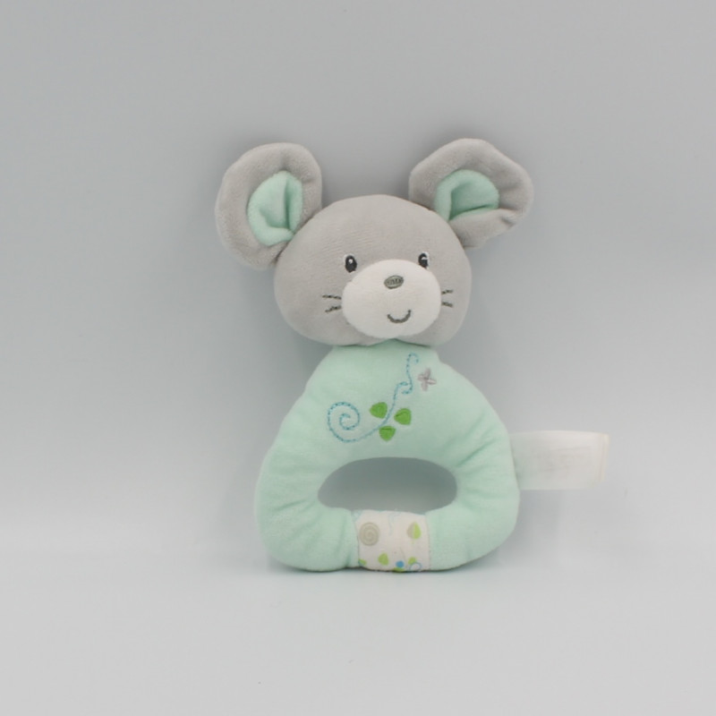 Doudou hochet souris grise verte feuilles GIPSY