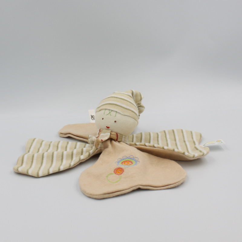Doudou plat lutin beige rayé kaki fleur CA CREDIT AGRICOLE