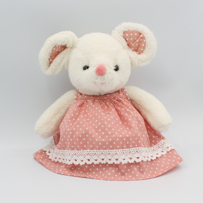 Doudou peluche souris blanche rose robe pois BUKOWSKI