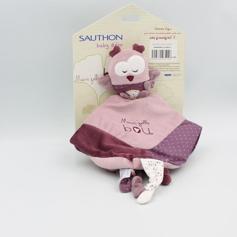 Doudou plat Mam'zelle Bou hibou chouette rose violet SAUTHON NEUF