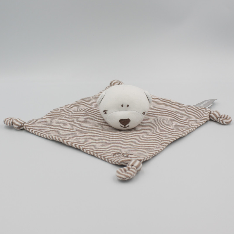 Doudou plat carré ours blanc beige rayé ORCHESTRA