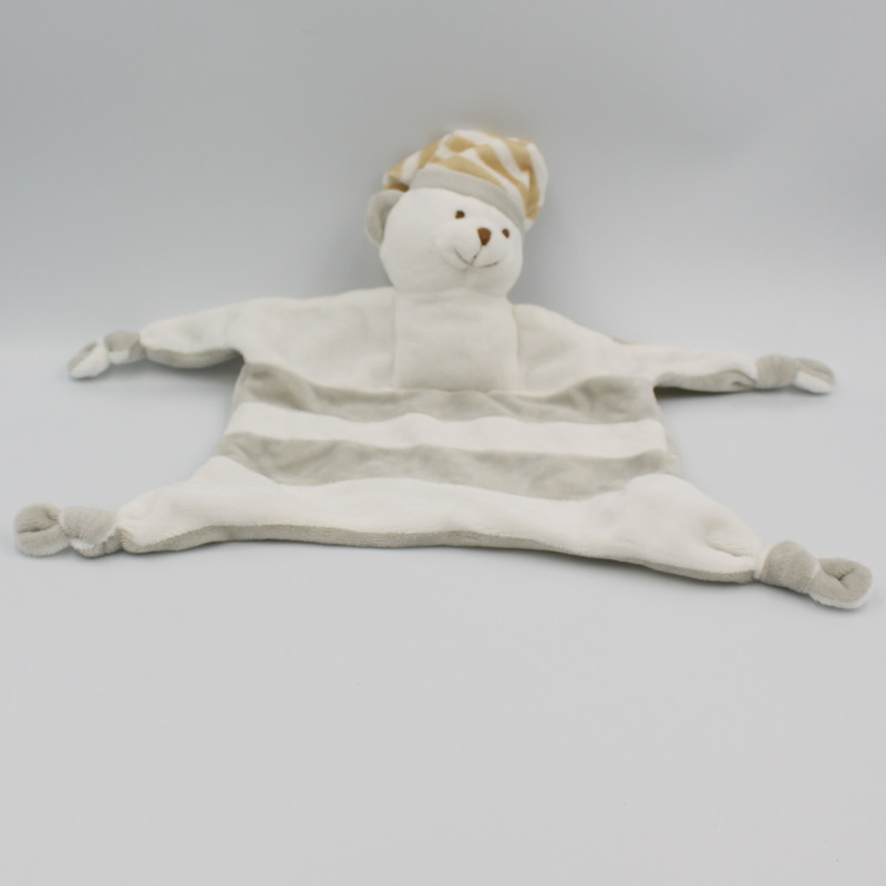 Doudou plat ours gris beige blanc rayé CREDIT MUTUEL