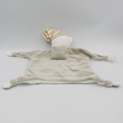 Doudou plat ours gris beige blanc rayé CREDIT MUTUEL