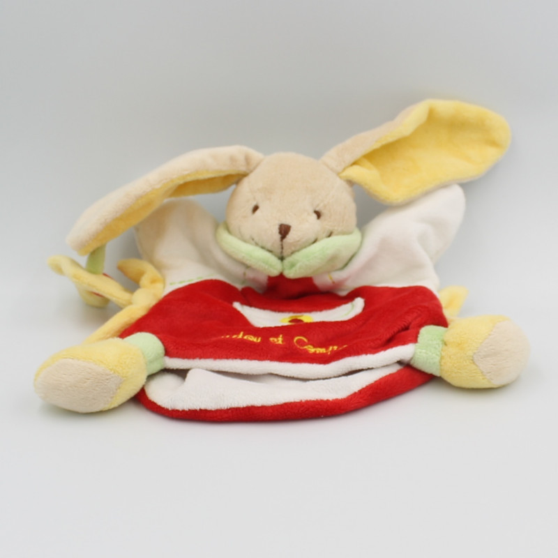Doudou et compagnie plat marionnette lapin rouge jaune blanc vert fleur