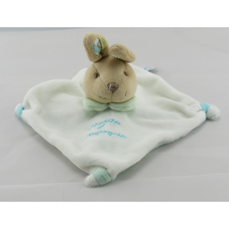 Doudou plat lapin blanc bleu ciel DOUDOU ET COMPAGNIE