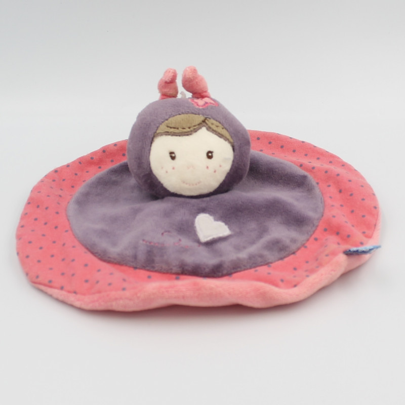 Doudou plat poupée lutin rose violet pois SUCRE D'ORGE