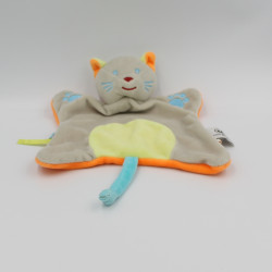 Doudou plat chat gris vert orange U TOUT PETITS
