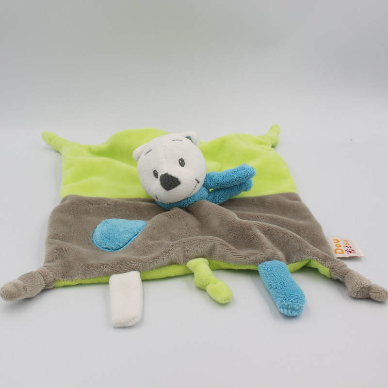 Doudou plat ours gris vert bleu DOUKIDOU